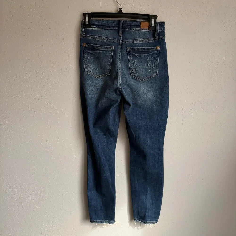 Judy Blue Dark Wash Distressed Raw Hem Relaxed Fit Skinny Jeans Womens 25
